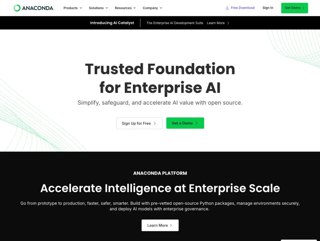 Anaconda platform homepage showing "Trusted Foundation for Enterprise AI" with AI Catalyst product announcement